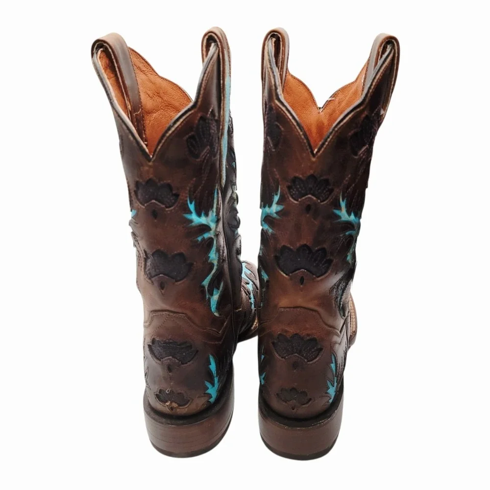 Dan Post Women's Brown‎ Turquoise Western Cowboy Boots Size 6.5M New Leather - Picture 2 of 13